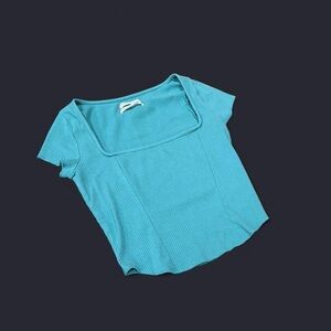 Urban Outfitters Turquoise Ribbed Square Neck Short Sleeve Top